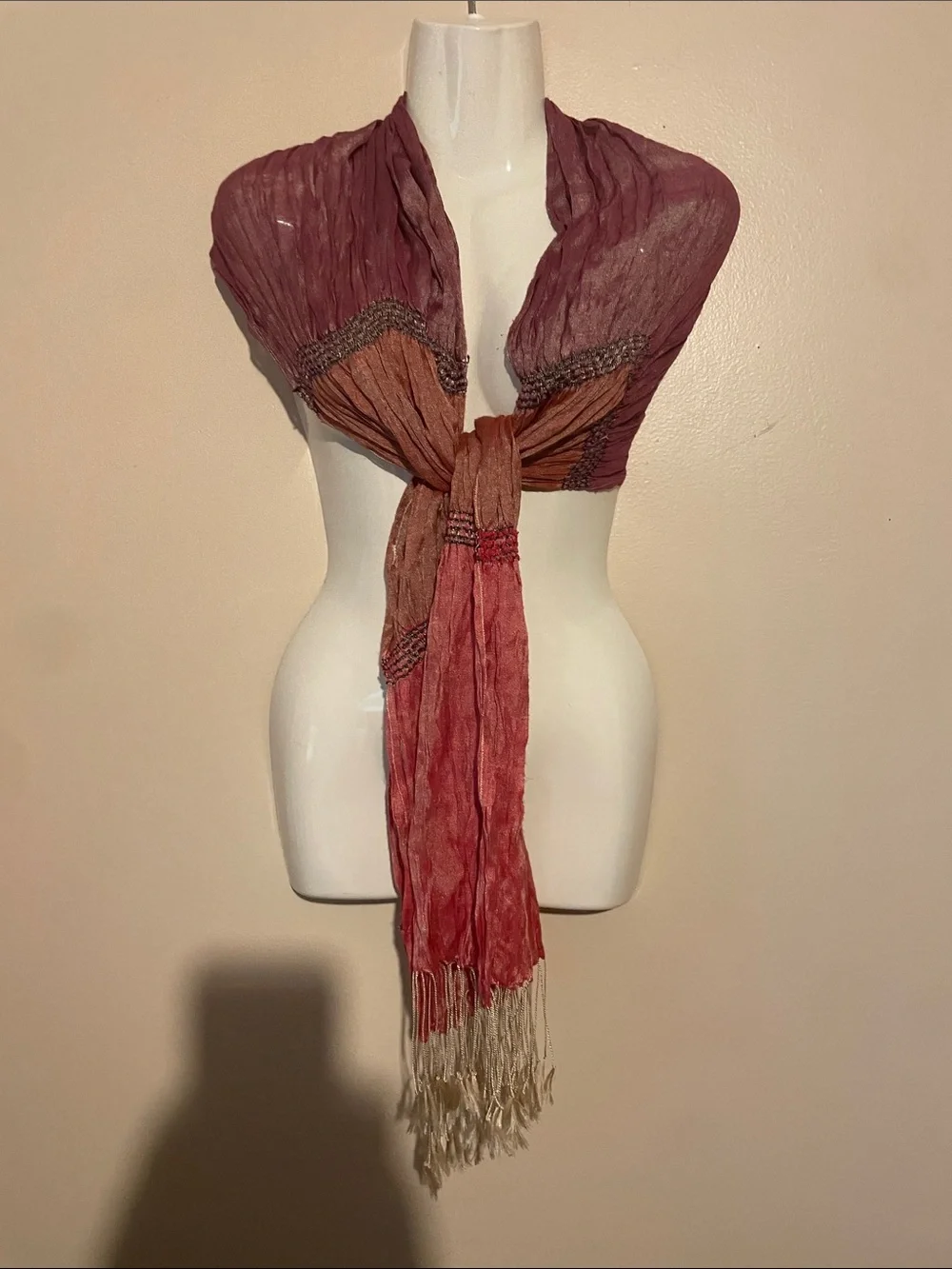 Lightweight Crinkled Multi-Tone Scarf - Pink/Brown